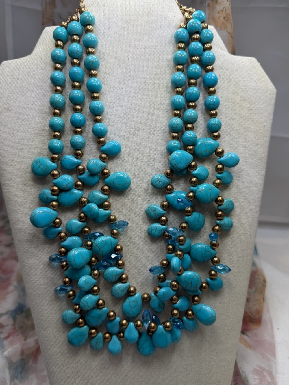 Vintage Turquoise and Facets Multi-Strand Beaded Necklace #20UN